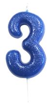 Picture of AGE 3 BLUE GLITTER NUMERAL MOULDED PICK CANDLE 7CM